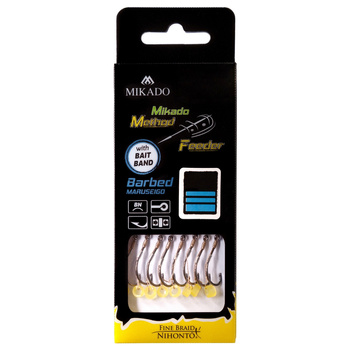 Haczyki z przyponem Mikado Method Feeder MARUSEIGO z gumką #10 BN 0,12mm 10cm 8szt. HMFB211G-10